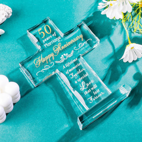 50th Wedding Anniversary Religious Cross Gift - Laser Engraved Glass Standing Cross Keepsake